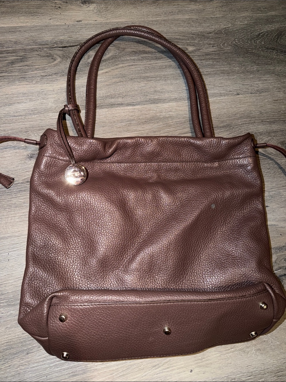 Furla Pebbled Leather Tote in Chestnut Brown with Gold Charm